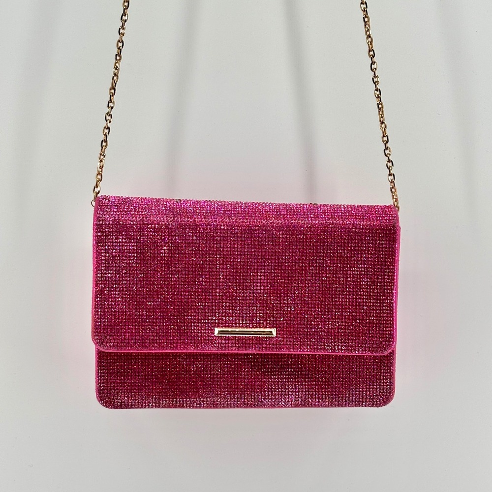Hot Pink Rhinestone Evening Clutch Bag Gold Chain Crossbody Metallic Pink